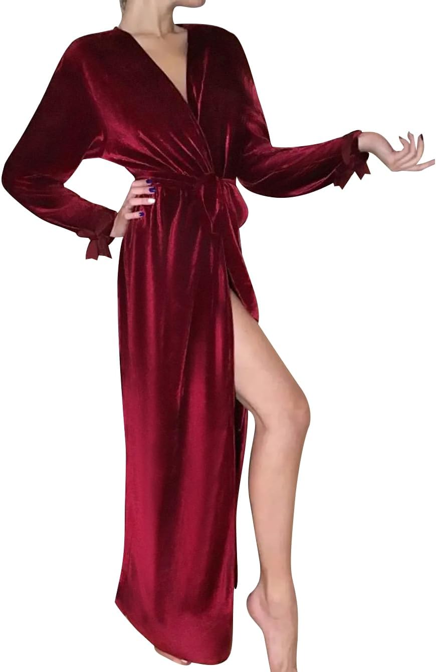 518Gj-ZspgL._AC_SL1342_.jpg Women's Long Velvet Robe Maxi Bathrobe Nightgown with Belt for Bridal Wedding Party Velour Robe - Image 1