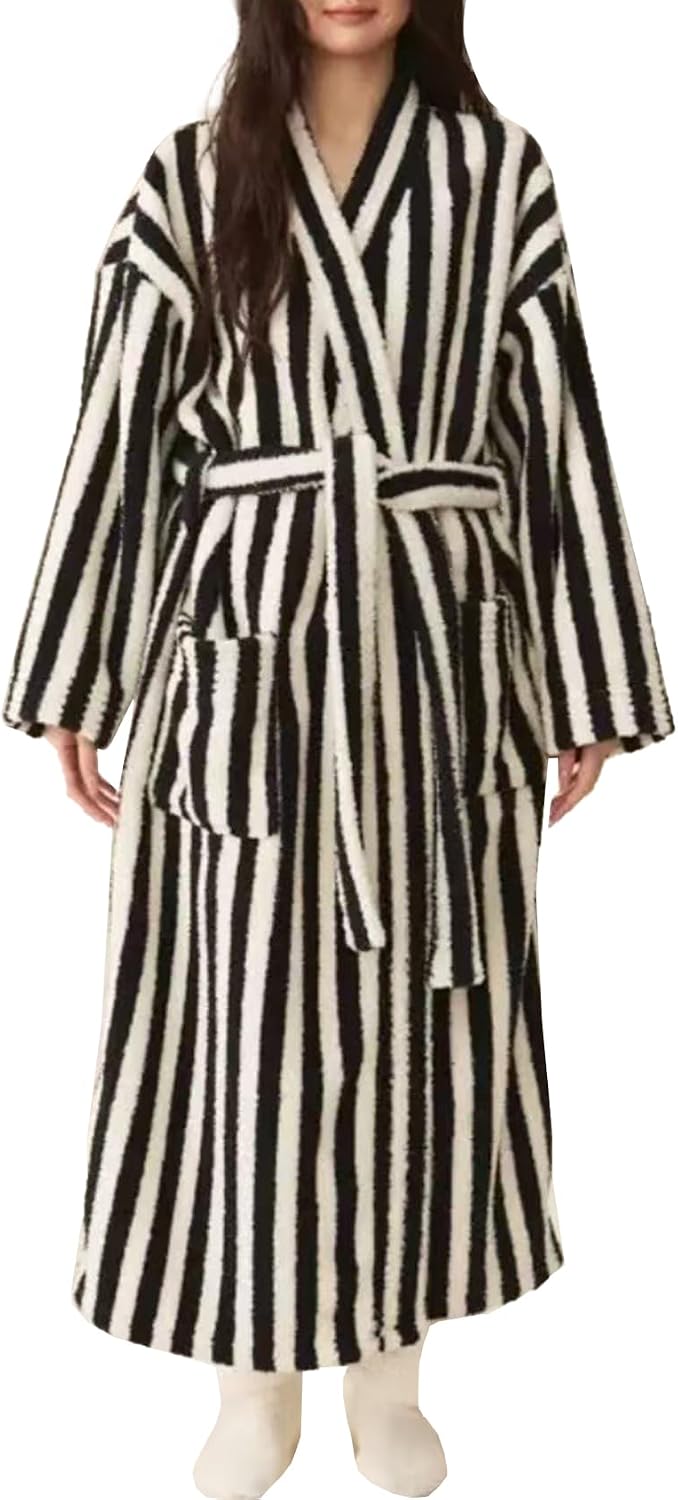 61-MhuyydfL._AC_SL1500_.jpg Women Plush Robe Fluffy Long Fuzzy Warm Soft Bathrobe Striped Maxi Thick Loungewear Robe - Image 1
