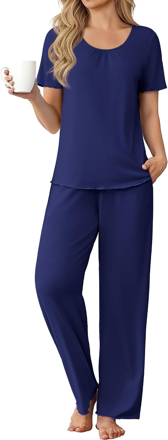 613Ggj03tjL._AC_SL1500_.jpg Women Pajama Sets Viscose from bamboo Lounge Set Soft Pajamas for Women Set Short Sleeve and Long Pants Sleepwear - Image 1