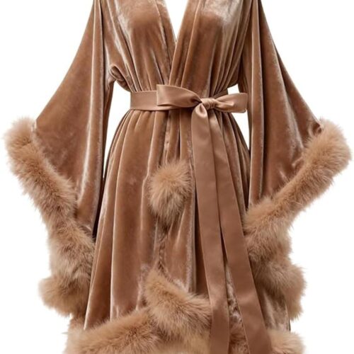 Women Velvet Feather Bridal Robes Old Hollywood Maternity Photoshoot Nightgown Bathrobe Long Lingerie