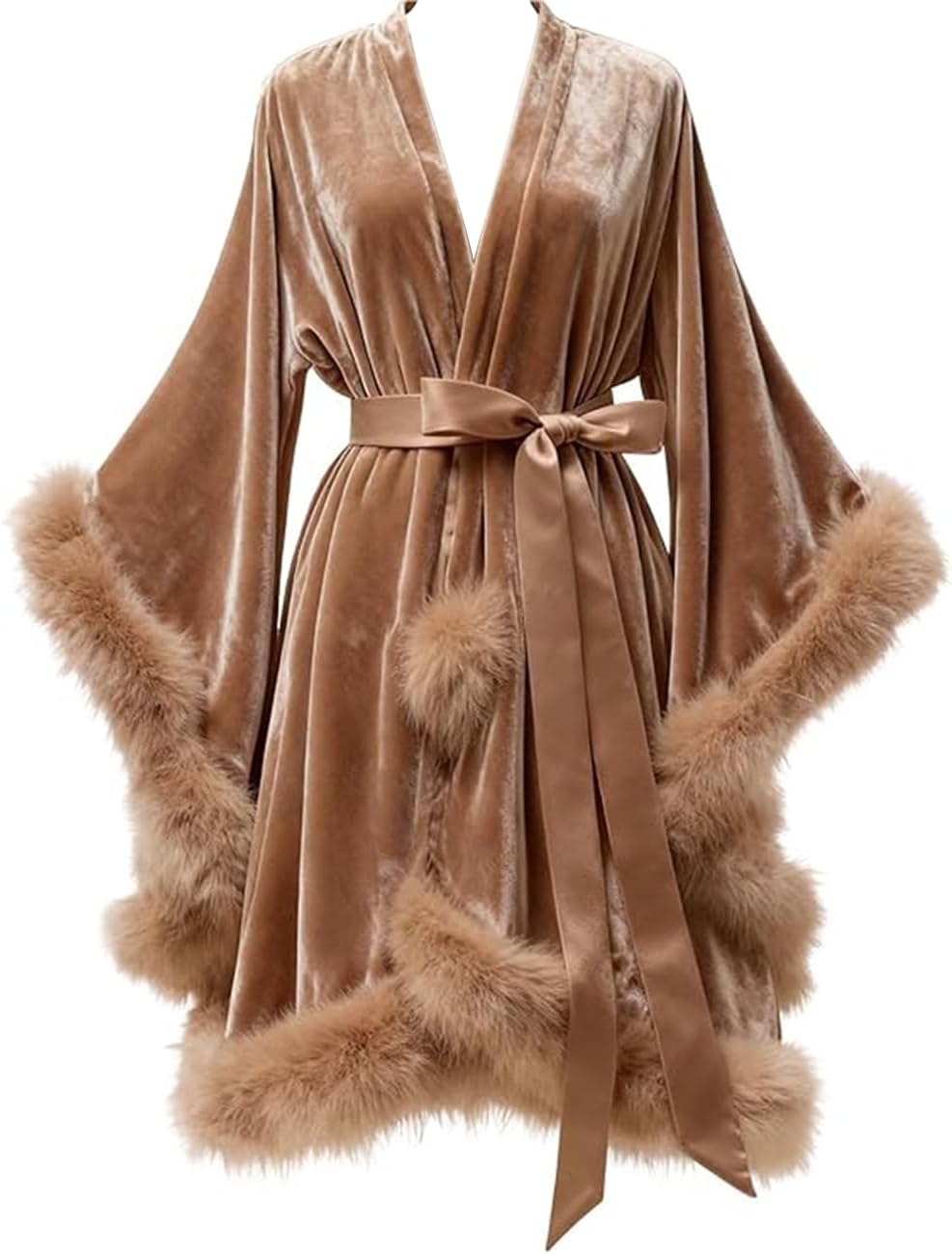 614YtyorvdL._AC_SL1300_.jpg Women Velvet Feather Bridal Robes Old Hollywood Maternity Photoshoot Nightgown Bathrobe Long Lingerie - Image 1