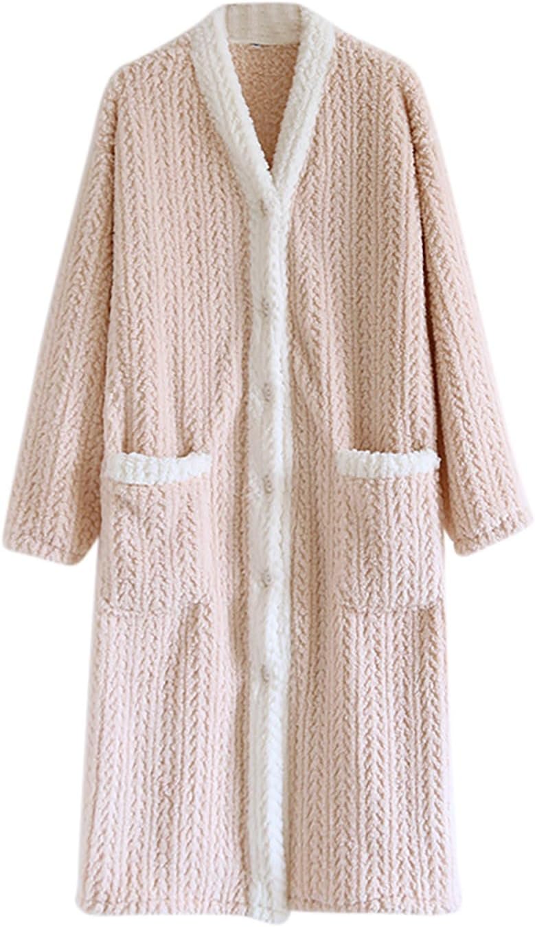 61C4da-XzgL._AC_SL1500_.jpg Women Robe Knee Length Fleece Plush Soft Fluffy Fuzzy Cozy Warm Thickened Bathrobe Long Sleeve Loose Sleepwear - Image 1
