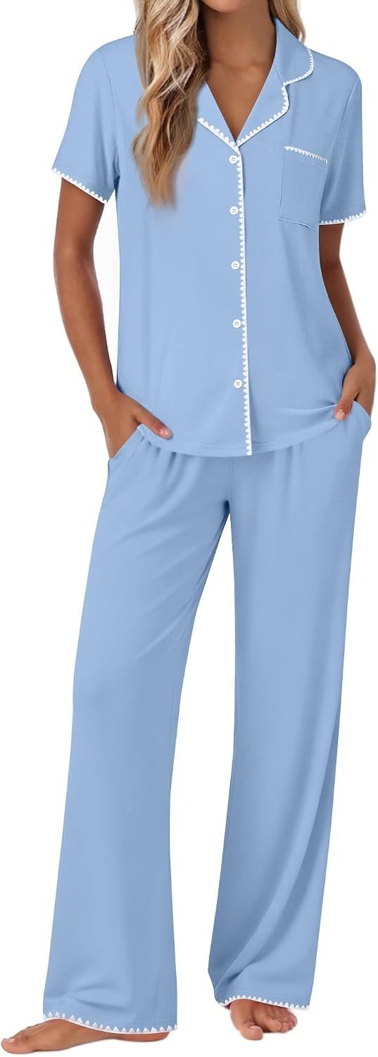 61I5e08JiuL._AC_SL1500_.jpg Pajamas for Women Set Button Up Soft Pjs Short Sleeve 2 Piece Lounge Sets Comfy Sleepwear - Image 1