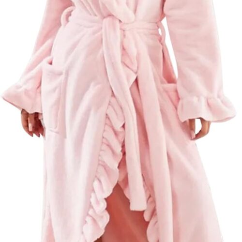 Women Soft Ruffle Ankle-Length Fleece Robe Thickened Ruffle Trim Fashion Sleepwear Robes with Side Pockets