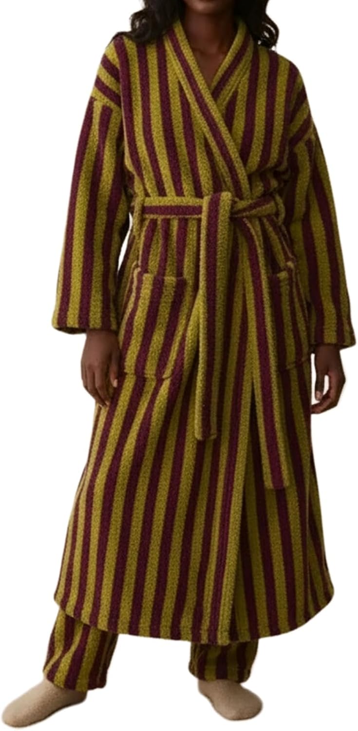 61vIbZpBl1L._AC_SL1500_.jpg Women Plush Fleece Robe Piped Striped with Large Pocket Belted Kimono Loungewear for Fall Winter - Image 1