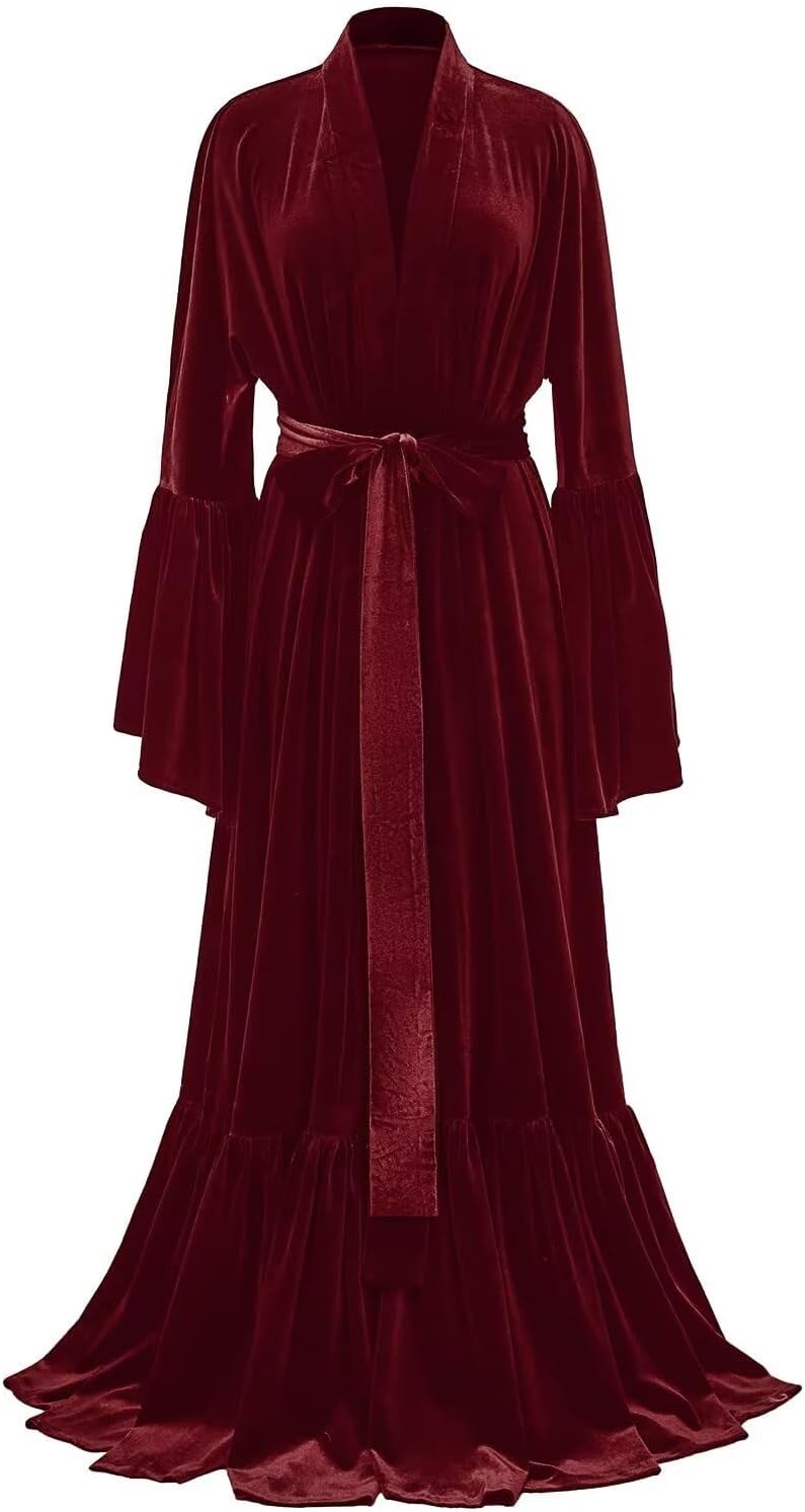 61zacqiqRjL._AC_SL1500_.jpg Velvet Bridal Robe Long Bathrobe Lingerie Loose Kimono Ruffles Warm Nightgown Sleepwear - Image 1