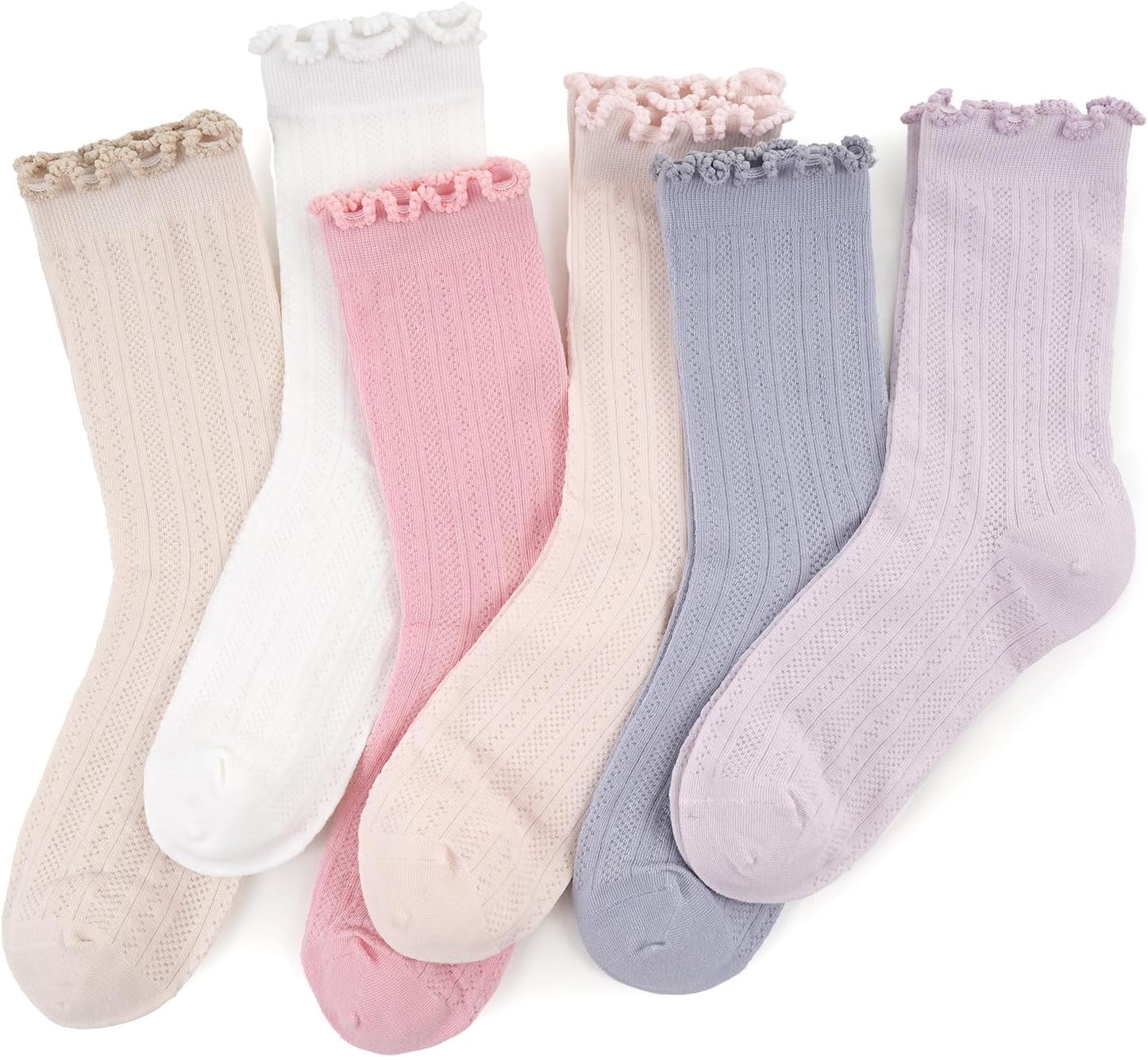 714e3w7MwML._AC_SL1500_.jpg 6 Pairs Ruffle Socks for Women Frilly Socks Women Solid Color Cute Ankle Lettuce Edge Soft Crew Socks - Image 1