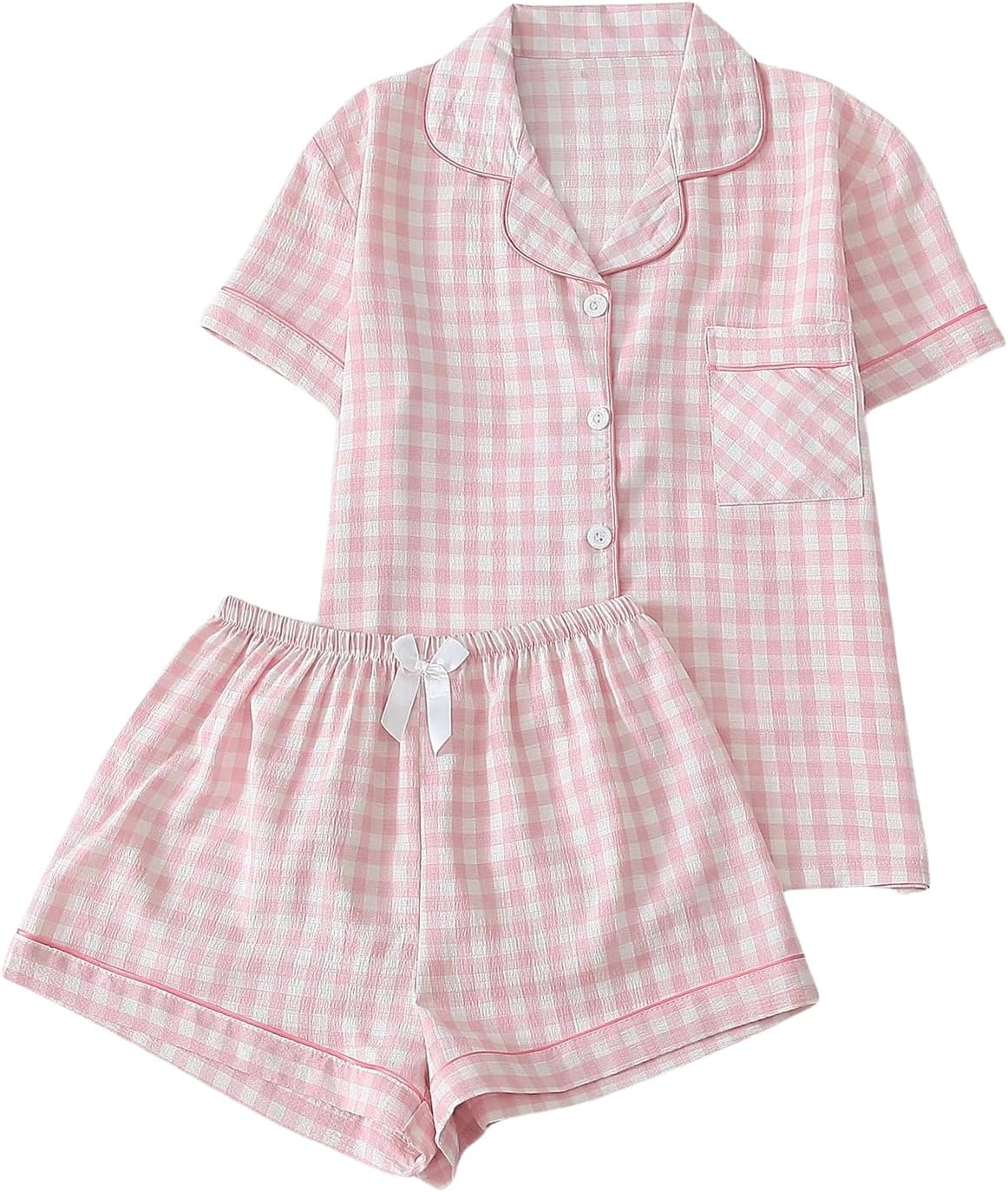717EZxbODkL._AC_SL1500_.jpg Women Plaid 2 Piece Cute Pajama Sets Short Sleeve Button Down Shirts with Shorts Loungewear - Image 1
