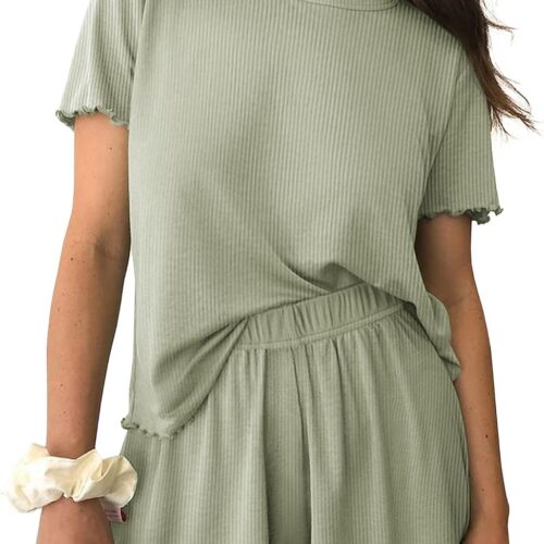 Women Pajamas 2 Piece Ribbed Knit Pjs Short Sleeve Sleepwear Set Summer Soft Pajamas Set Casual Lounge Sets