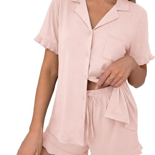 Pajamas Set for Women Button Down Pjs Lounge Sets Ruffle Short Sleeve Sleepwear Cute Loungewear