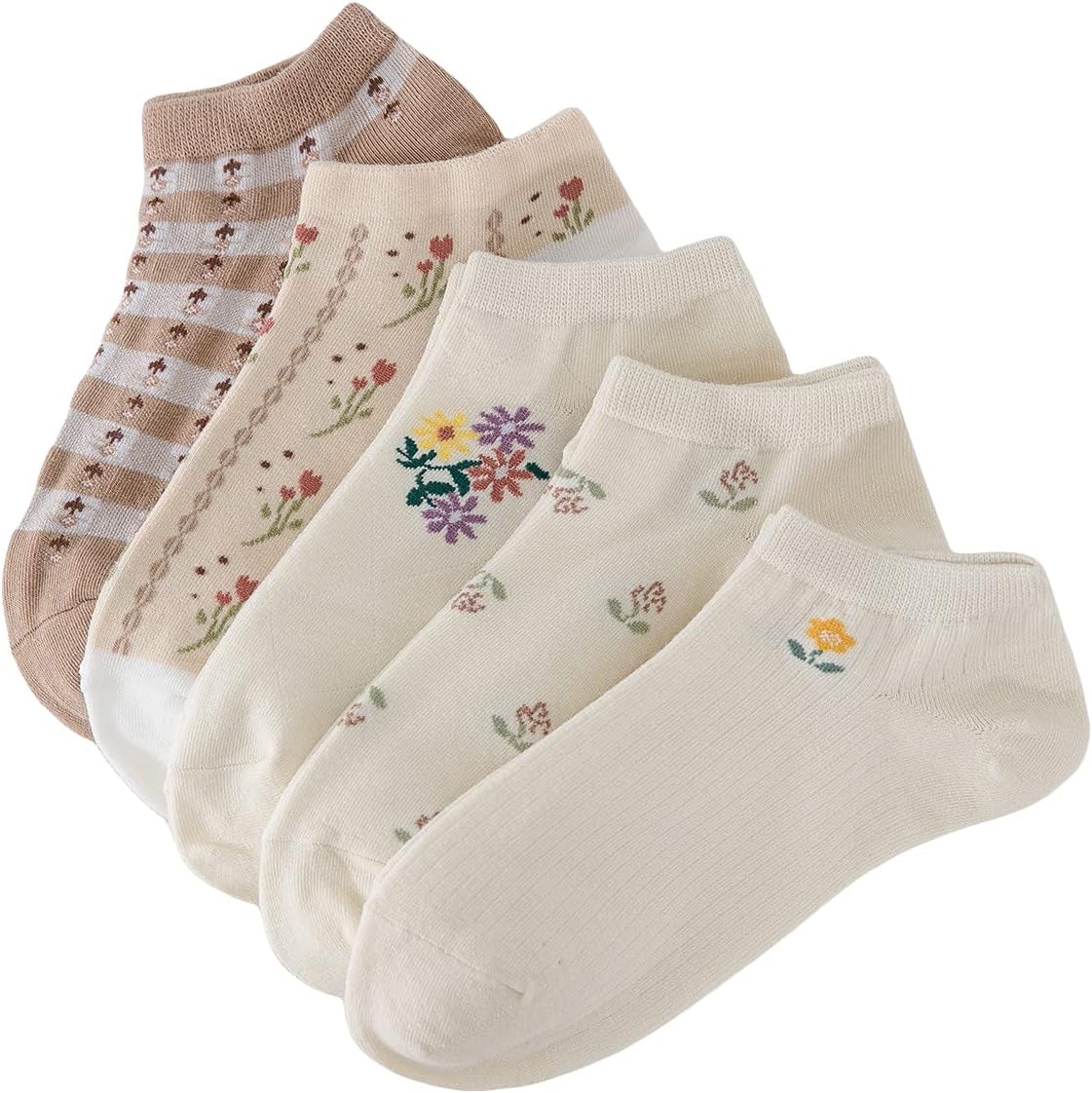 71Jk7uwaEsL._AC_SL1500_.jpg Women's 5 Pairs Floral Print Striped Cute Socks Casual Ankle Crew Socks - Image 1
