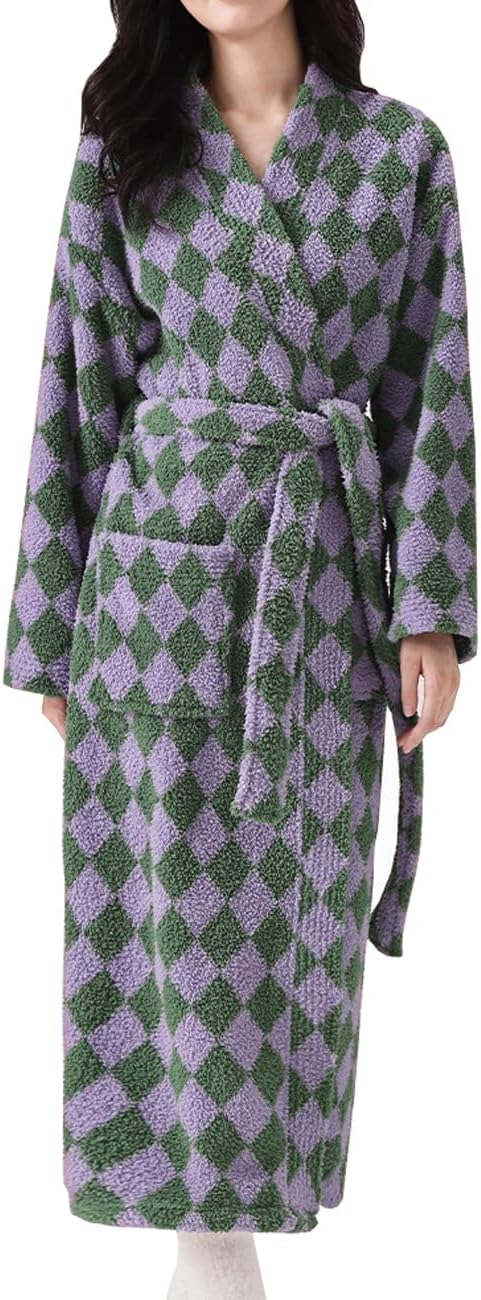 71MkRJYj9VL._AC_SL1300_.jpg Women Striped Plush Robe - Long Soft Fluffy Bathrobe, Shower Warm Winter Loungewear - Image 1