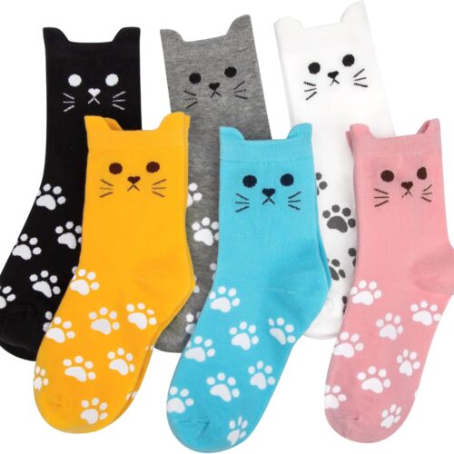 5-6 Pairs Womens Socks Cute Cat Funny Novelty Animal Print Crew Cotton Socks for Women Girls Gifts