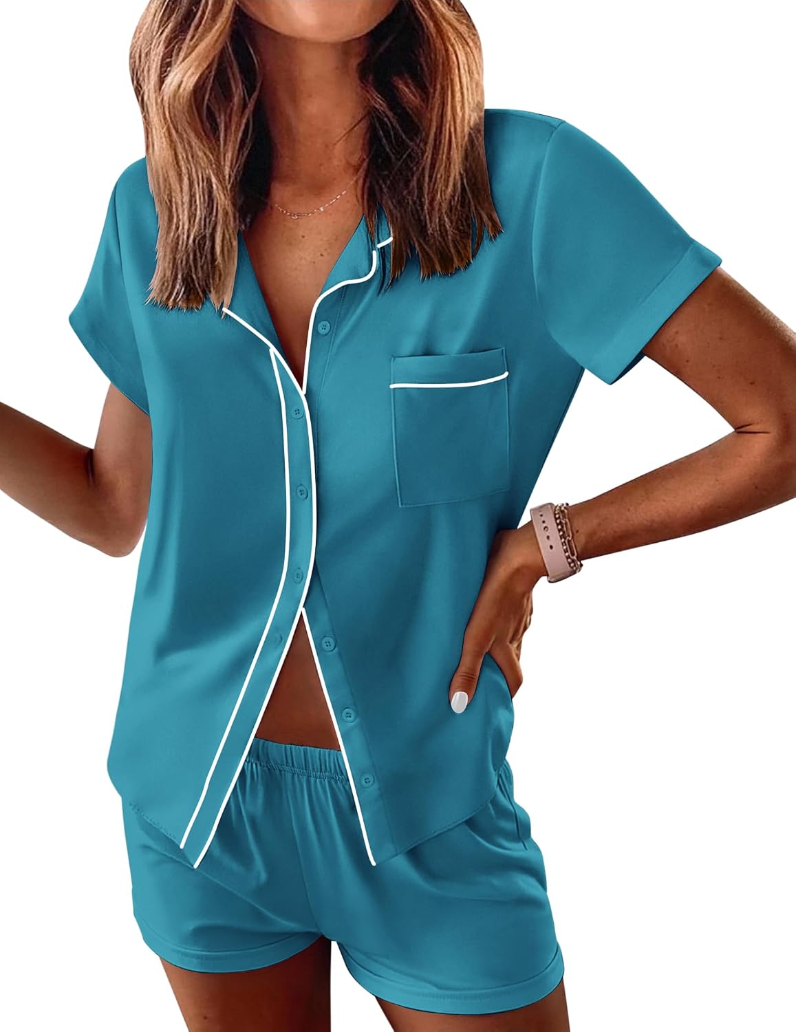 71VuvHEV84L._AC_SL1500_.jpg Women Pajama Sets Button Down Lounge Set 2 Piece Loungewear Soft Sleepwear Short Sleeve Pjs with Pockets - Image 1