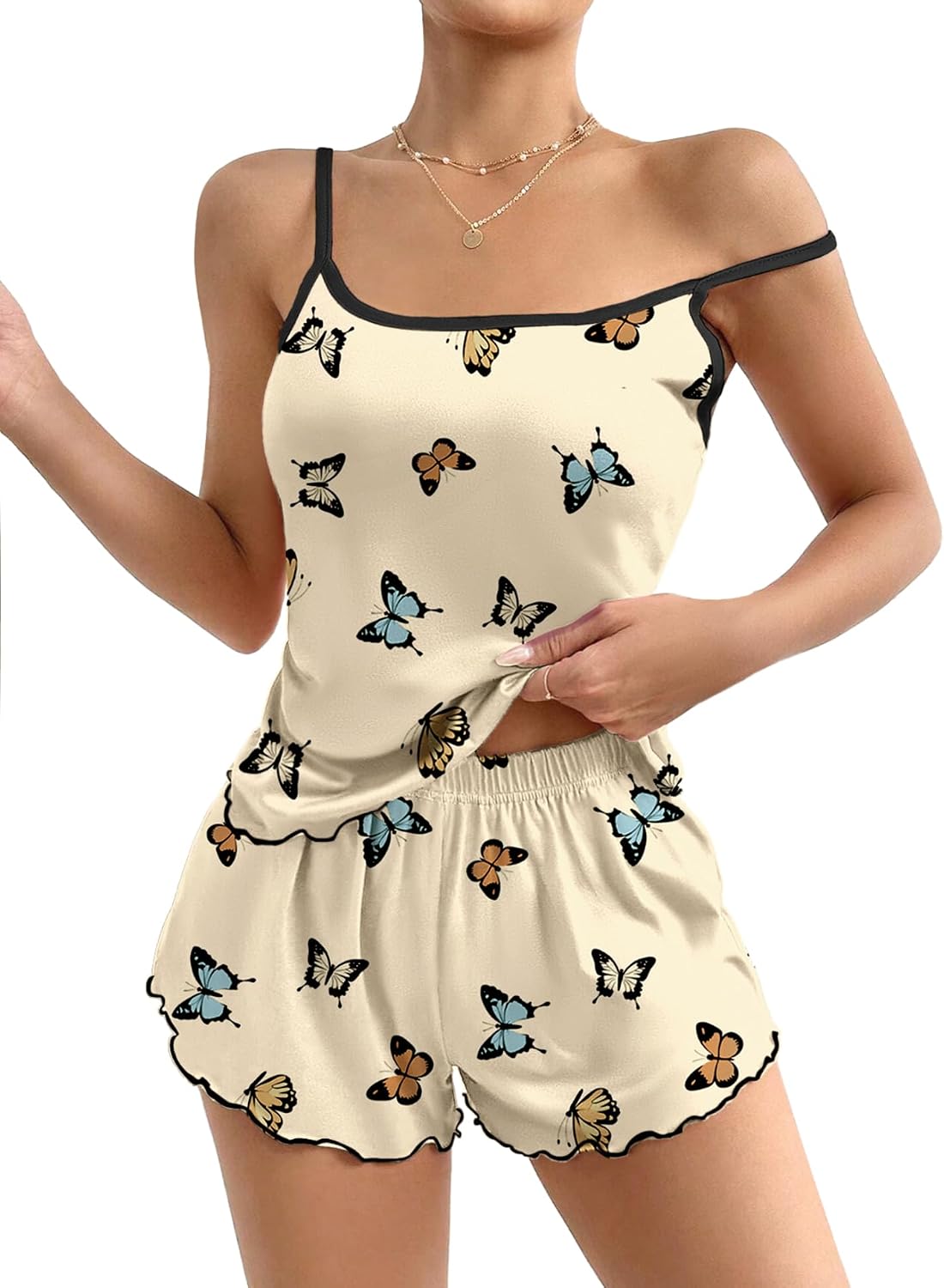 71YS1ZmFj7L._AC_SL1500_.jpg Women Cami Pajama Sets 2 Piece Cute Print Pjs Soft Tank Top & Elastic Waist Shorts Camisole Lounge Set - Image 1