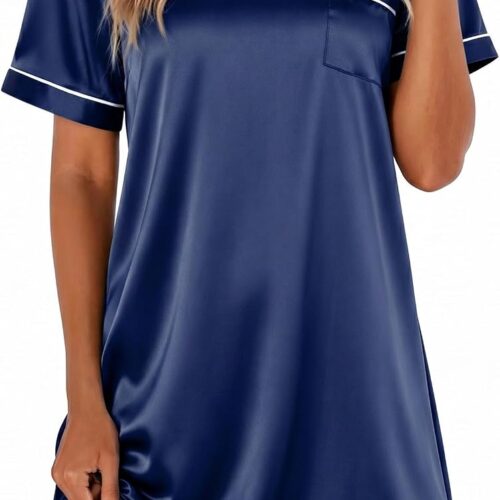 Satin Nightgowns for Women Silk Sleep Shirt Silky Loose Sleepwear V Neck Nightshirt Short Sleeve Pajamas