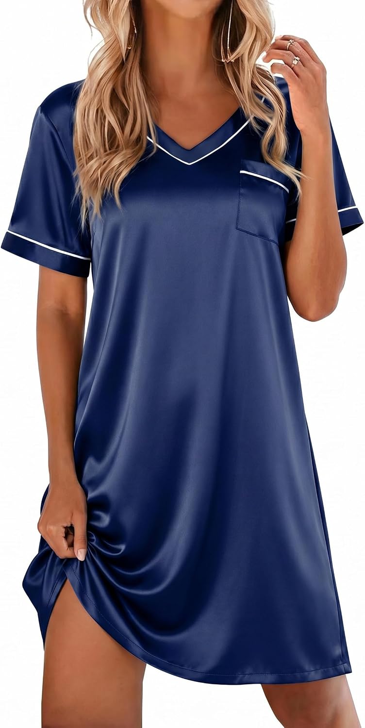 71iy4bNPAbL._AC_SL1500_.jpg Satin Nightgowns for Women Silk Sleep Shirt Silky Loose Sleepwear V Neck Nightshirt Short Sleeve Pajamas - Image 1
