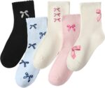 5 Pairs Women Ruffle Bow Socks Cute Casual Ankle Crew Socks Soft Breathable Fashion Frilly Bow Cotton Sock