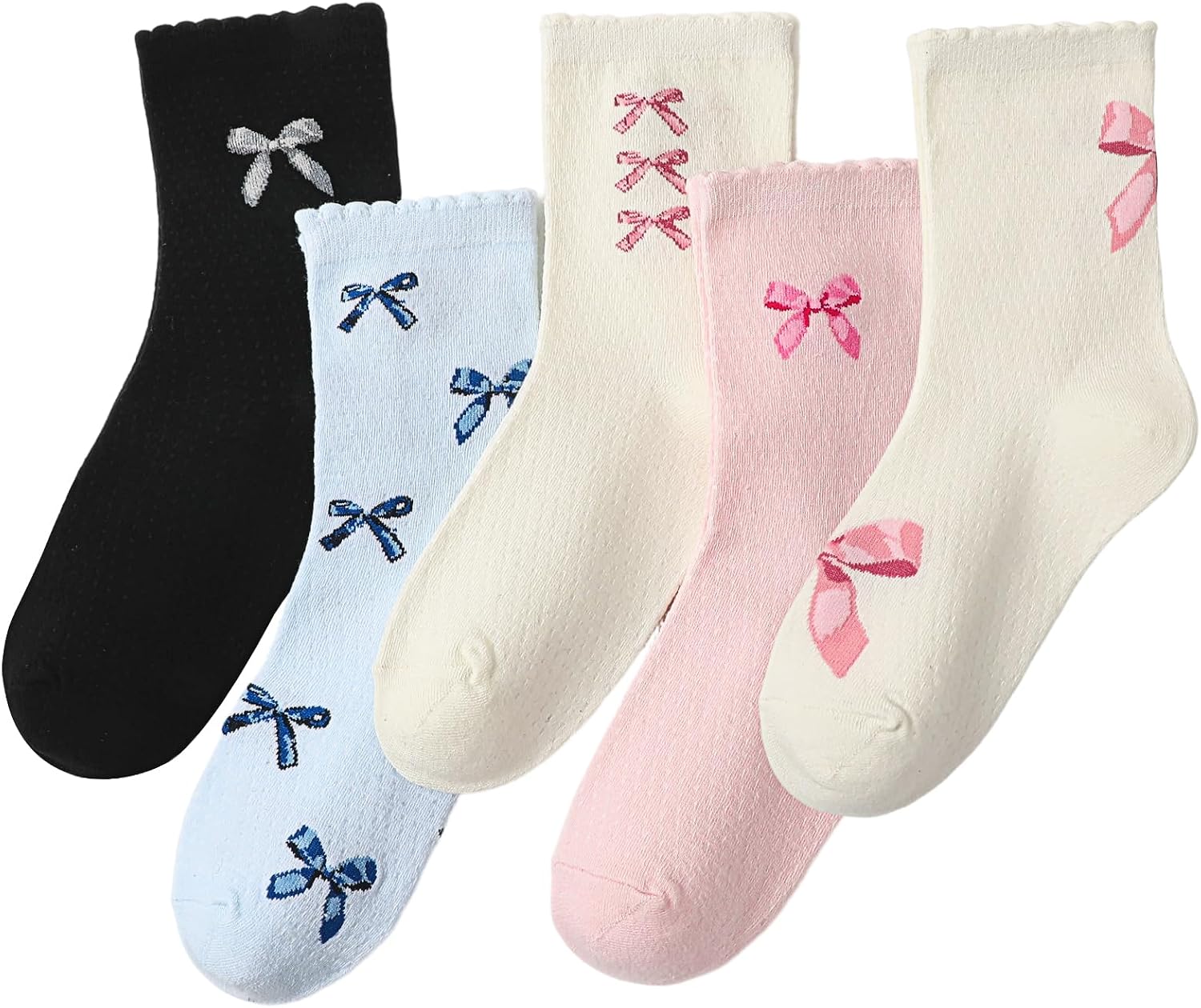 71qwBhxz05L._AC_SL1500_.jpg 5 Pairs Women Ruffle Bow Socks Cute Casual Ankle Crew Socks Soft Breathable Fashion Frilly Bow Cotton Sock - Image 1