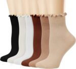 Women's Ruffle Socks,Casual Cute Ankle Breathable Knit Cotton Soft Frilly Crew Socks for Women 6 Pack