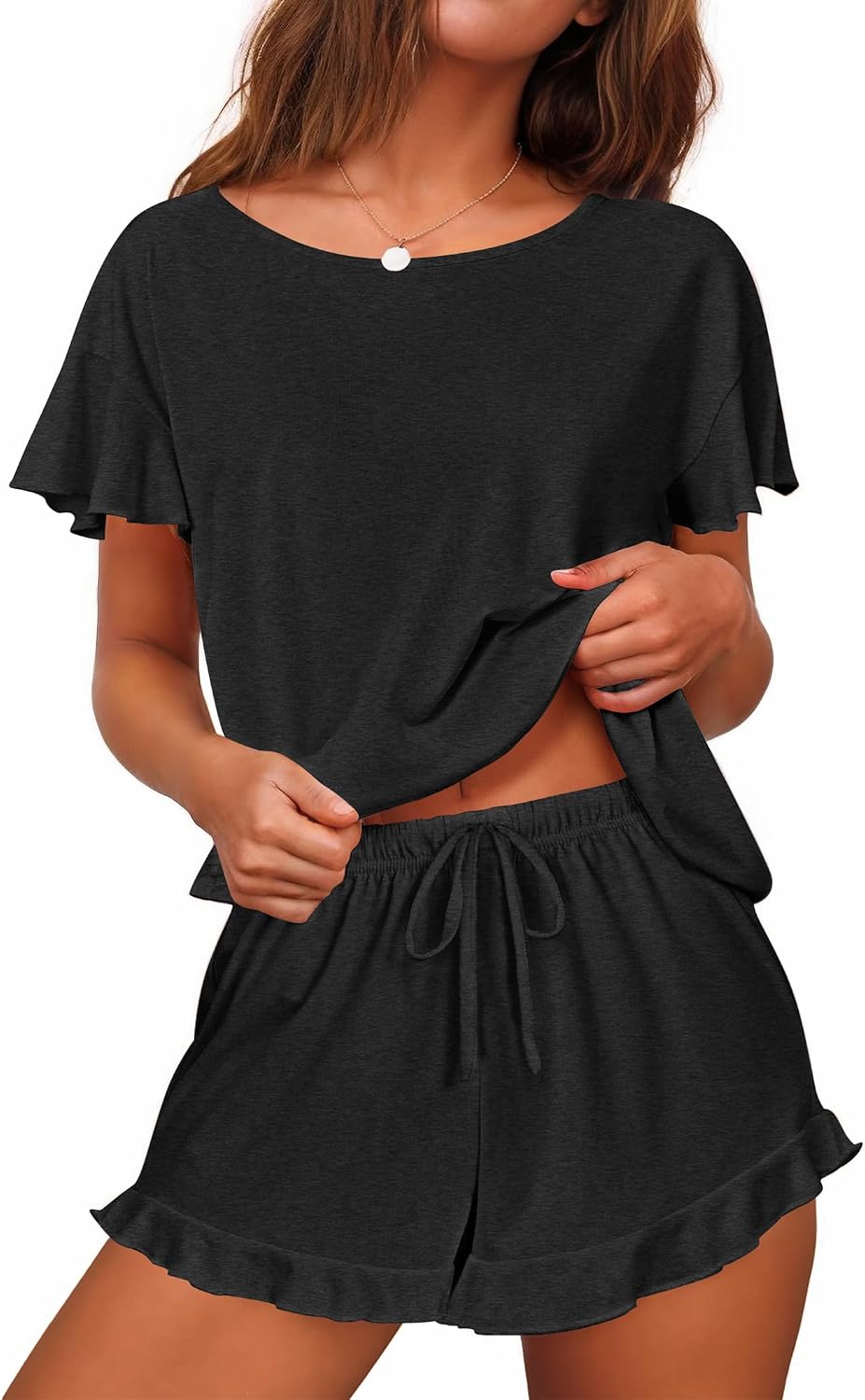 71w3Mw8wtwL._AC_SL1500_.jpg Women Pajama Set Ruffle Sleeves Top and Short Soft 2 Piece Loungewear Set - Image 1