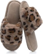 Women's Fuzzy Open-Toe House Slippers with Memory Foam - Leopard Print Cheetah Plush Cozy Cute Slipper Indoor/Outdoor Soft Slip On Slides Gifts for Women Mom Her Ladies