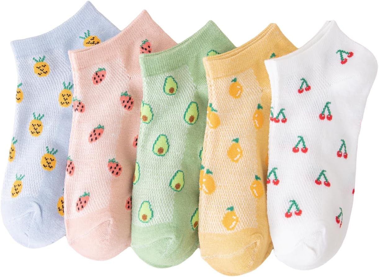 71x6SEWYNkL._AC_SL1500_.jpg Women's 5 Pair Cute Fruit Graphic Ankle Socks Funny Low Cut Sock Pairs for Girl Teen - Image 1