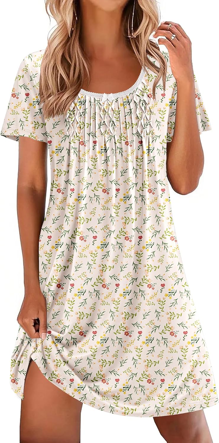813drXVPkL._AC_SL1500_.jpg Nightgowns for Women Pleated Sleep Shirts Short Sleeve Night Shirts Lace Trim Night Gown Ladies Sleep Dress - Image 1