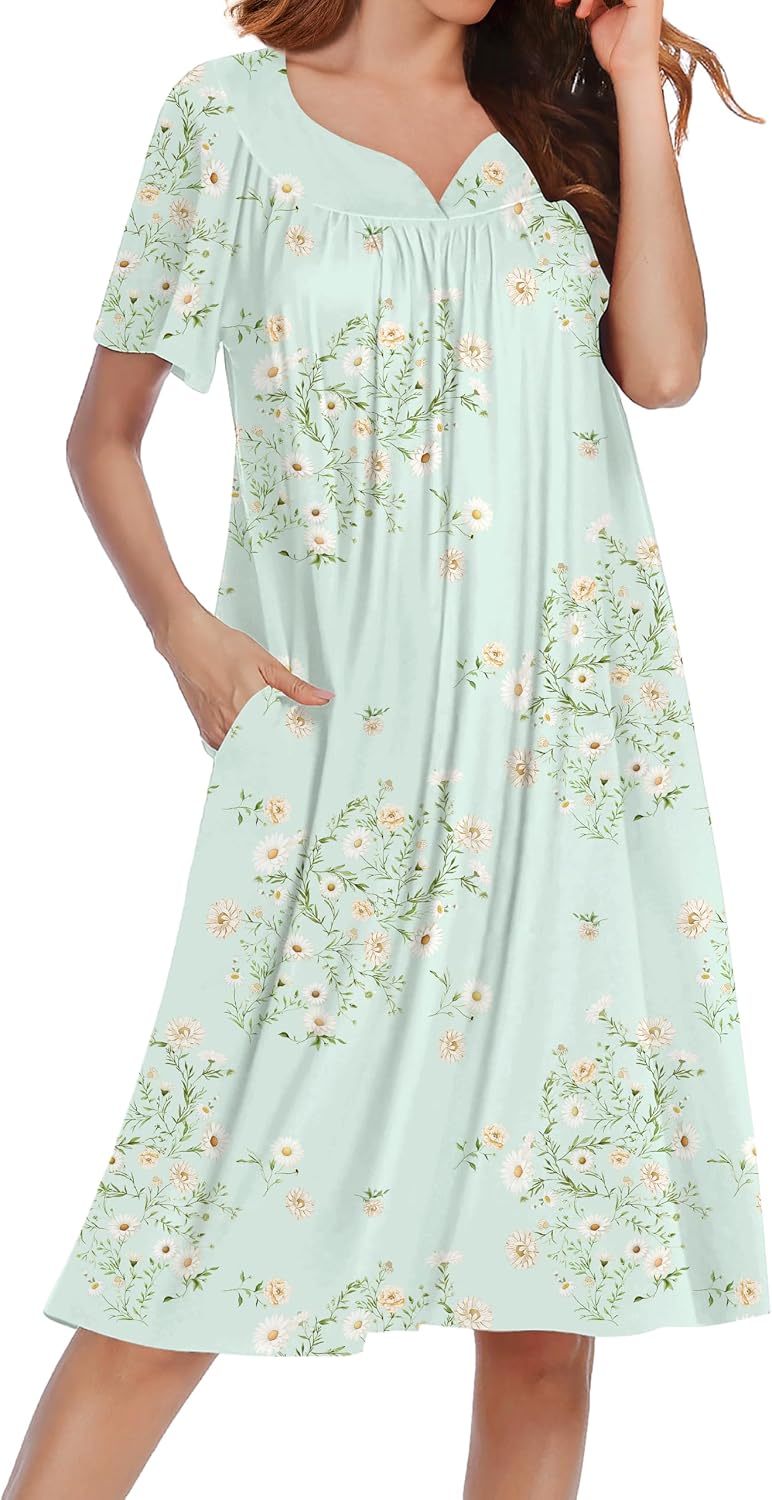815rFjFDt4L._AC_SL1500_.jpg Nightgowns for Women Short Sleeve House Dress with Pockets Soft Pleated Dresses V Neck Sleepwear - Image 1