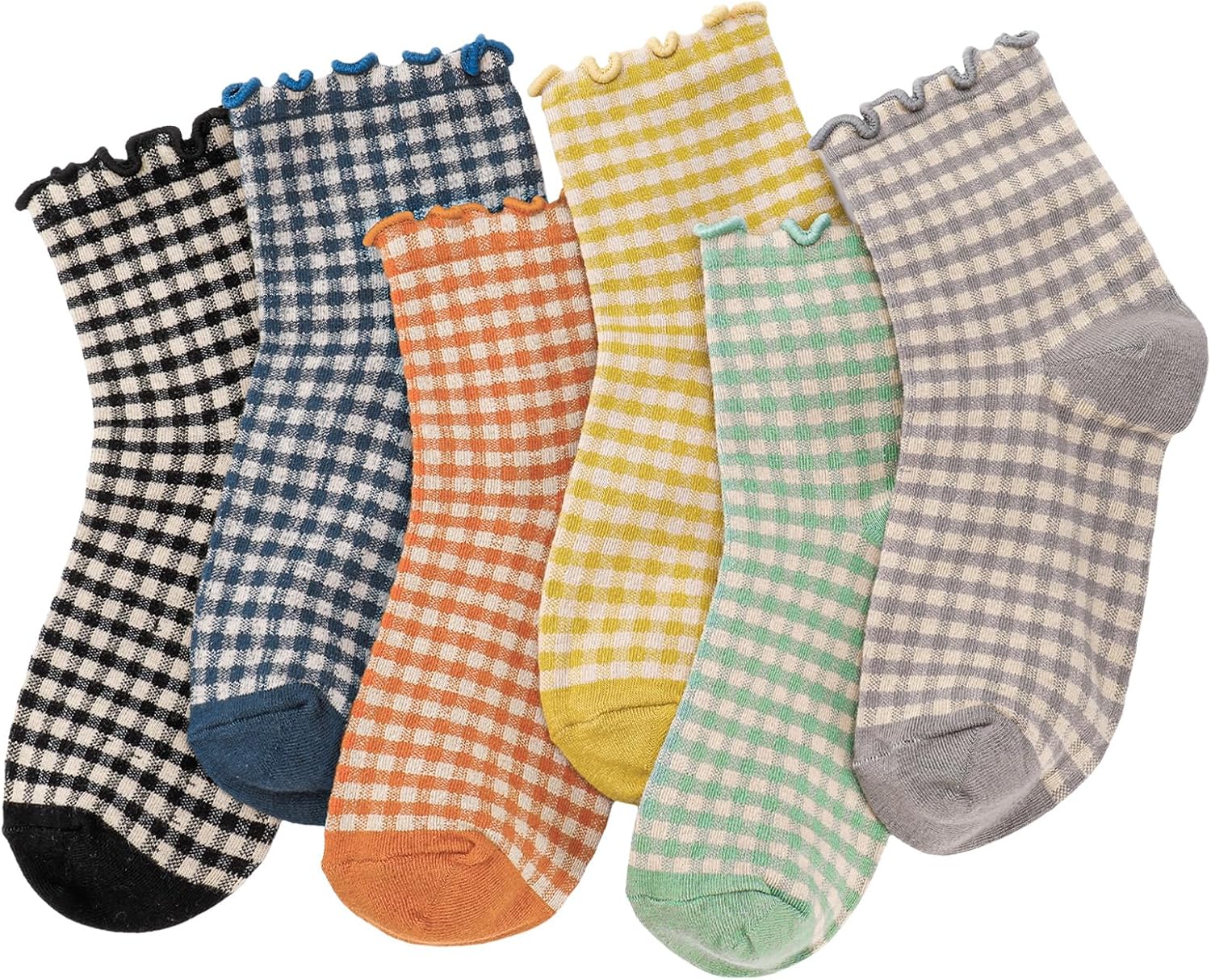 819diZ57SqL._AC_SL1500_.jpg 6 Pairs Women Ruffle Striped Frilly Socks, Cute Checkered Ankle Sock for Women Cotton Knit Casual Crew Socks - Image 1