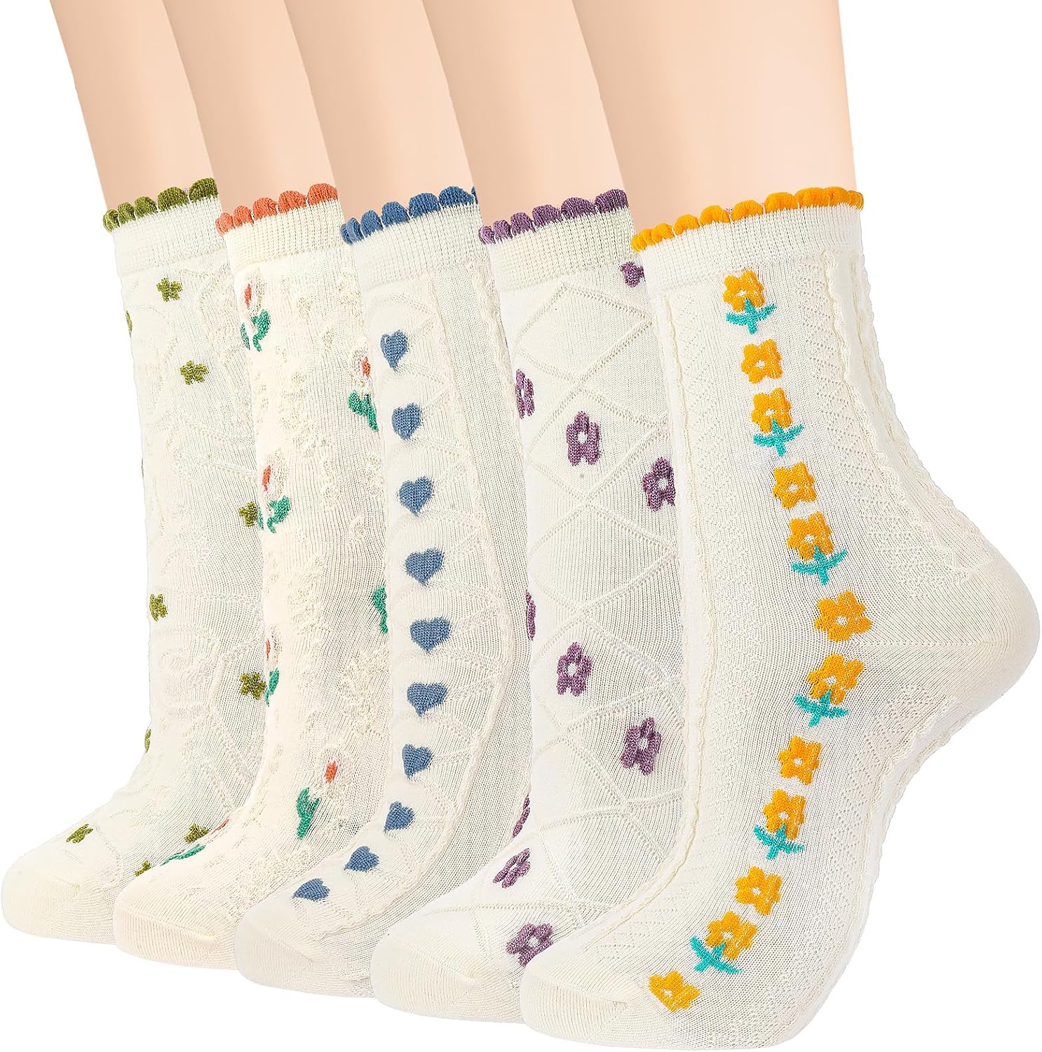 81EV0fSld9L._AC_SL1500_.jpg 5/6 Pairs Frilly Socks for Women Lace Ruffles Ankle Casual Flower Floral Fancy Cute Cotton Socks for Daily Wear - Image 1